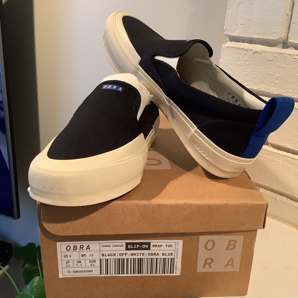 OBRA NWT Black/Off-White Canvas Men’s Slip-On Sneakers Size 8. Retail $120
